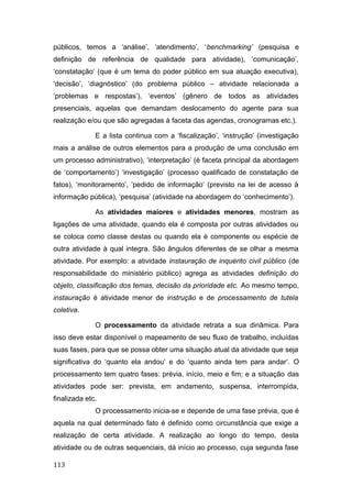 públicos, temos a ‘análise’, ‘atendimento’, ‘benchmarking’ (pesquisa e
definição de referência de qualidade para atividade), ‘comunicação’,
‘constatação’ (que é um tema do poder público em sua atuação executiva),
‘decisão’, ‘diagnóstico’ (do problema público – atividade relacionada a
‘problemas e respostas’), ‘eventos’ (gênero de todos as atividades
presenciais, aquelas que demandam deslocamento do agente para sua
realização e/ou que são agregadas à faceta das agendas, cronogramas etc.).
E a lista continua com a ‘fiscalização’, ‘instrução’ (investigação
mais a análise de outros elementos para a produção de uma conclusão em
um processo administrativo), ‘interpretação’ (é faceta principal da abordagem
de ‘comportamento’) ‘investigação’ (processo qualificado de constatação de
fatos), ‘monitoramento’, ‘pedido de informação’ (previsto na lei de acesso à
informação pública), ‘pesquisa’ (atividade na abordagem do ‘conhecimento’).
As atividades maiores e atividades menores, mostram as
ligações de uma atividade, quando ela é composta por outras atividades ou
se coloca como classe destas ou quando ela é componente ou espécie de
outra atividade à qual integra. São ângulos diferentes de se olhar a mesma
atividade. Por exemplo: a atividade instauração de inquérito civil público (de
responsabilidade do ministério público) agrega as atividades definição do
objeto, classificação dos temas, decisão da prioridade etc. Ao mesmo tempo,
instauração é atividade menor de instrução e de processamento de tutela
coletiva.
O processamento da atividade retrata a sua dinâmica. Para
isso deve estar disponível o mapeamento de seu fluxo de trabalho, incluídas
suas fases, para que se possa obter uma situação atual da atividade que seja
significativa do ‘quanto ela andou’ e do ‘quanto ainda tem para andar’. O
processamento tem quatro fases: prévia, início, meio e fim; e a situação das
atividades pode ser: prevista, em andamento, suspensa, interrompida,
finalizada etc.
O processamento inicia-se e depende de uma fase prévia, que é
aquela na qual determinado fato é definido como circunstância que exige a
realização de certa atividade. A realização ao longo do tempo, desta
atividade ou de outras sequenciais, dá início ao processo, cuja segunda fase
113
 