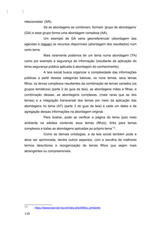 relacionadas’ (AR).
Se as abordagens se combinam, formam ‘grupo de abordagens’
(GA) e esse grupo forma uma abordagem complexa (AA).
Um exemplo de GA seria georreferenciar (abordagem das
agendas e mapas) os recursos disponíveis (abordagem dos resultados) num
certo tema.
Mais raramente podemos ter um tema numa abordagem (TA)
como por exemplo a segurança da informação (resultante da aplicação do
tema segurança pública aplicada à abordagem do conhecimento).
A teia social busca organizar a complexidade das informações
públicas a partir dessas categorias básicas, os nove temas, seus temas
filhos, os temas complexos resultantes da combinação de temas variados (os
grupos temáticos) (parte 2 do guia da teia), as abordagens mães e filhas, a
combinação dessas, as abordagens complexas, (mais raras que as dos
temas) e a integração transversal dos temas por meio da aplicação das
abordagens no tema (AT) (parte 3 do guia da teia) a cada um deles e da
agregação dessas informações na abordagem original.
Para ilustrar, pode se verificar a página do tema (pai) meio
ambiente na wikiteia contendo seus temas (filhos), links para temas
complexos e todas as abordagens aplicadas ao próprio tema112
.
Como as demais ontologias, a da teia social também pode e
deve ser aprimorada, dentre outros aspectos, com a escolha de melhores
termos descritores e reorganização de temas filhos que sejam mais
abrangentes ou compreensíveis.
112
https://teiasocial.mpf.mp.br/index.php5/Meio_ambiente
130
 
