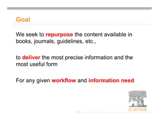 6
Goal
We seek to repurpose the content available in
books, journals, guidelines, etc.,
to deliver the most precise information and the
most useful form
For any given workflow and information need
 