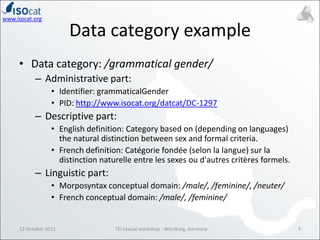 Replaces ISO 12620:1999, a hardcoded list of Data Categories, with a registry for (standardized) Data CategoriesTEI Lexical workshop - Würzburg, Germany