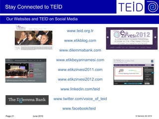 Stay Connected to TEİD

Our Websites and TEİD on Social Media

                                www.teid.org.tr

                              www.etikblog.com

                            www.dilemmabank.com

                          www.etikbeyannamesi.com

                           www.etikzirvesi2011.com

                           www.etikzirvesi2012.com

                            www.linkedin.com/teid

                         www.twitter.com/voice_of_teid

                             www.facebook/teid
Page 21      June 2010                                   © Siemens AG 2010
 