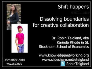 Shift happens--------- Dissolving boundaries for creative collaboration Dr. Robin Teigland, akaKarinda Rhode in SLStockholm School of Economicswww.knowledgenetworking.orgwww.slideshare.net/eteiglandRobinTeigland December 2010 ww.sse.edu 