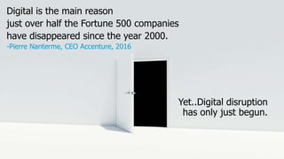 Digital is the main reason
just over half the Fortune 500 companies
have disappeared since the year 2000.
-Pierre Nanterme, CEO Accenture, 2016
Yet..Digital disruption
has only just begun.
 