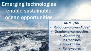 Emerging technologies
enable sustainable
ocean opportunities
• AI/ML/NN
• Robotics/drones/AUVs/
• Graphene/composites
• 3D printing
• IoT/sensors
• Blockchain
• Renewables
 