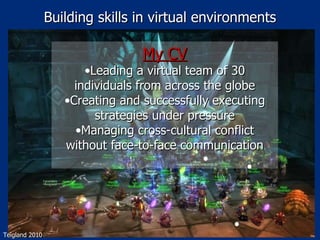 Building skills in virtual environments My CV Leading a virtual team of 30 individuals from across the globe Creating and successfully executing strategies under pressure Managing cross-cultural conflict without face-to-face communication Teigland 2010 