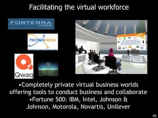 20eBay allowed people to selltheir personal items in a worldwide yard sale, the Immersive Internet willallow people to sell their personal skills and abilities in much the same way.Kapp & O’Driscoll, 2009