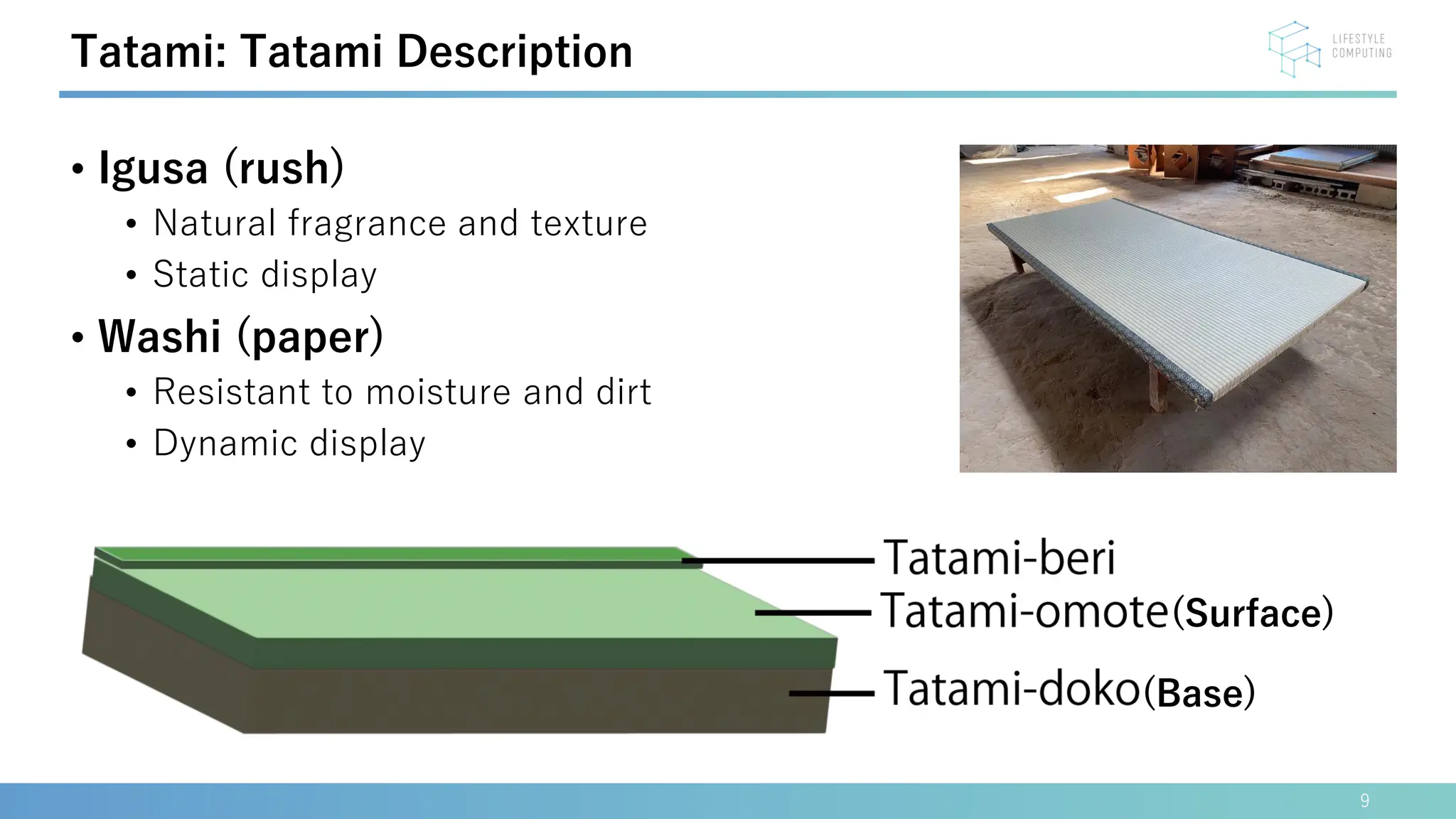 9
Tatami: Tatami Description
• Igusa (rush)
• Natural fragrance and texture
• Static display
• Washi (paper)
• Resistant to moisture and dirt
• Dynamic display
(Surface)
(Base)
 