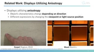 • Displays utilizing anisotropy
• Object's characteristics change depending on direction
• Different expressions by changing the viewpoint or light source position
6
Related Work: Displays Utilizing Anisotropy
Wood [Rozin][1]
Carpet [Sugiura, 2014]
[1] “Daniel Rozin's wooden mirror and how it works.” OpenLearn from The Open University https://www.youtube.com/watch?v=BZysu9QcceM (2025/2/26)
 