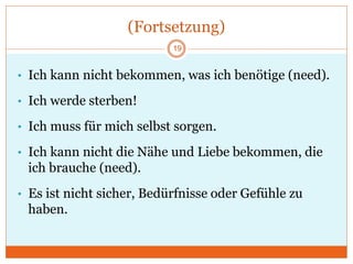 (Fortsetzung)
• Ich kann nicht bekommen, was ich benötige (need).
• Ich werde sterben!
• Ich muss für mich selbst sorgen.
• Ich kann nicht die Nähe und Liebe bekommen, die
ich brauche (need).
• Es ist nicht sicher, Bedürfnisse oder Gefühle zu
haben.
19
 