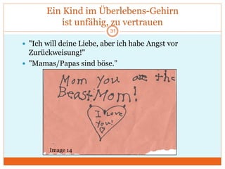 Ein Kind im Überlebens-Gehirn
ist unfähig, zu vertrauen
 "Ich will deine Liebe, aber ich habe Angst vor
Zurückweisung!"
 "Mamas/Papas sind böse."
Image 14
31
 