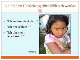 Ein Kind im Überlebensgehirn fühlt sich wertlos
 "Ich gehöre nicht dazu."
 "Ich bin schlecht."
 "Ich bin nicht
liebenswert."
Image 15
32
 
