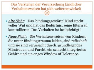 Das Verstehen der Verursachung kindlicher
Verhaltensweisen hat sich weiterentwickelt
 Alte Sicht: Das 'bindungsgestörte' Kind steckt
voller Wut und hat das Bedürfnis, seine Eltern zu
kontrollieren. Das Verhalten ist beabsichtigt!
 Neue Sicht: Die Verhaltensweisen von Kindern,
die unter Bindungstrauma leiden, sind reflexhaft
und sie sind verursacht durch: grundlegendes
Misstrauen und Furcht, ein schlecht integriertes
Gehirn und ein enges Window of Tolerance.
35
 