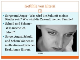 Gefühle von Eltern
 Sorge und Angst—Was wird die Zukunft meines
Kindes sein? Wie wird die Zukunft meiner Familie?
 Schuld und Scham—
Was mache ich
falsch?
 Sorge, Angst, Schuld,
und Scham können zu
ineffektiven elterlichen
Reaktionen führen.
5
Image 1
 