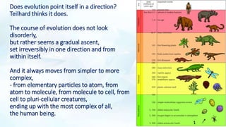 Does evolution point itself in a direction?
Teilhard thinks it does.
The course of evolution does not look
disorderly,
but rather seems a gradual ascent,
set irreversibly in one direction and from
within itself.
And it always moves from simpler to more
complex,
- from elementary particles to atom, from
atom to molecule, from molecule to cell, from
cell to pluri-cellular creatures,
ending up with the most complex of all,
the human being.
 