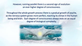 However, running parallel there is a second sign of evolution:
an ever higher degree of consciousness.
Throughout the whole growth process there is a gradual growth of psyche,
as the nervous system grows more perfect, reaching its climax in the human
being and brain. Each degree of consciousness always rests on an equal
degree of biological complexity.
 