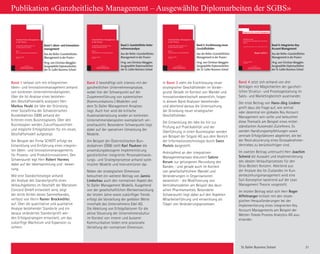 Band 4 setzt sich anhand von drei
Beiträgen mit Möglichkeiten der ganzheit-
lichen Struktur- und Prozessgestaltung im
Sales- und Marketingbereich auseinander.
Der erste Beitrag von Hans-Jörg Lindner
greift dazu die Frage auf, wie zentral
oder dezentral ein globales Key Account
Management sein sollte und beleuchtet
diese Thematik am Beispiel eines mittel-
ständischen Automobil-Zulieferers. Es
werden Handlungsempfehlungen sowie
zentrale Erfolgsfaktoren abgeleitet, die bei
der Restrukturierung eines Grossabnehmer-
Vertriebes zu berücksichtigen sind.
Im zweiten Beitrag untersucht Herr Joachim
Schmid die Auswahl und Implementierung
des idealen Verkaufsprozesses für den
Groz-Beckert Konzern. Ableitend aus
der Analyse des Ist-Zustandes im Kun-
denbeziehungsmanagement wird eine
Soll-Konzeption basierend auf der Lean
Management Theorie vorgestellt.
Im letzten Beitrag setzt sich Herr Roger
Affeltranger kritisch mit den strate-
gischen Herausforderungen bei der
Implementierung eines integrierten Key
Account Managements am Beispiel der
Mettler-Toledo Process Analytics AG aus-
einander.
Band 4: Integriertes Key-
Account Management
Aus der Reihe «Ganzheitliches
Management in der Praxis»
Hrsg. von Christian Abegglen
Ausgewählte Diplomarbeiten
der St. Galler Business School
Publikationsreihe
Ganzheitliches Management in der Praxis
Band 4
Ausgewählte Diplomarbeiten der St.Galler Business School
Christian Abegglen
Herausgeber
ST.GALLER
BUSINESS BOOKS  TOOLS
GENERAL MANAGEMENT SERIES
Band 4/2011
Integriertes Key-Account-Management
Publikation «Ganzheitliches Management – Ausgewählte Diplomarbeiten der SGBS»
Band 1: Ideen- und Innovations-
management
Aus der Reihe «Ganzheitliches
Management in der Praxis»
Hrsg. von Christian Abegglen
Ausgewählte Diplomarbeiten
der St. Galler Business School
Band 2: Ganzheitliche Unter-
nehmensanalyse
Aus der Reihe «Ganzheitliches
Management in der Praxis»
Hrsg. von Christian Abegglen
Ausgewählte Diplomarbeiten
der St. Galler Business School
Ganzheitliches Management
in der Praxis
Ausgewählte Diplomarbeiten der
St.Galler Business School
Band 1:
Ideen- und Innovationsmanagement
Christian Abegglen
Herausgeber
ST.GALLER
BUSINESS BOOKS  TOOLS
GENERAL MANAGEMENT SERIES
Ganzheitliches Management
in der Praxis
Ausgewählte Diplomarbeiten der
St.Galler Business School
Band 2:
Ganzheitliche Unternehmensanalyse
Christian Abegglen
Herausgeber
ST.GALLER
BUSINESS BOOKS  TOOLS
GENERAL MANAGEMENT SERIES
Band 2 beschäftigt sich intensiv mit der
ganzheitlichen Unternehmensanalyse,
wobei hier der Schwerpunkt auf der
Zusammenführung von systemischen
(Kommunikations-) Modellen und
dem St. Galler Management Ansatzes
liegt. Auch hier wird die kritische
Auseinandersetzung wieder an konkreten
Unternehmensbeispielen exemplarisch ver-
anschaulicht. Besonderer Schwerpunkt liegt
dabei auf der operativen Umsetzung der
Modelle.
Am Beispiel der Österreichischen Bun-
desbahnen (ÖBB) stellt Karl Paukner die
anwendungsbezogene Implementierung
ganzheitlicher integrierter Personalentwick-
lungs- und Strategieprozesse anhand syste-
mischer Modelle und Interventionen dar.
Neben der strategischen Dimension
beleuchtet ein weiterer Beitrag von Jannis
Lindschau auch den normativen Aspekt des
St. Galler Management Modells. Ausgehend
von der gesellschaftlichen Werteentwicklung
der letzten Jahre sowie zukünftiger Trends
erfolgt die Vorstellung der gelebten Werte
innerhalb des Unternehmens Edel AG.
Die Ableitung von Erfolgsfaktoren für die
aktive Steuerung der Unternehmenskultur
im Kontext von innerer und äusserer
Kommunikation bilden eine praxisnahe
Vertiefung der normativen Dimension.
In Band 3 steht die Erschliessung neuer
strategischer Geschäftsfelder im Vorder-
grund. Gerade im Kontext von Wandel und
Innovationsbereitschaft wesentlich, folgen
in diesem Band Analysen bestehender
und ableitend daraus die Untersuchung
der Gründung neuer strategischer
Geschäftsfelder.
Die Entwicklung der Idee bis hin zur
Prüfung auf Praktikabilität und der
Überführung in einen Businessplan werden
am Beispiel der Sitgate AG aus dem Bereich
der Informationstechnologie durch Swen
Postels dargestellt.
Anknüpfend an den integrativen
Managementansatz diskutiert Sabine
Kerum zur gelungenen Abrundung des
Bandes - und gerade auch im Kontext
von gesellschaftlichem Wandel und
Veränderungen in Organisationen
wesentlich - die Modifizierung von
Vertriebsmodellen am Beispiel des deut-
schen Pharmamarktes. Besonderer
Schwerpunkt liegt dabei auf den Aspekten
Mitarbeiterführung und entwicklung als
Träger von Veränderungsprozessen.
Band 1 befasst sich mit erfolgreichen
Ideen- und Innovationsmanagement anhand
von konkreten Unternehmensbeispielen.
Über die Ist-Analyse eines bestehen-
den Geschäftsmodells analysiert Herr
Markus Heubi die Idee der Gründung
einer Sozialfirma der Schweizerischen
Bundesbahnen (SBB) anhand der
Kriterien eines Businessplanes. Über den
Businessplan werden Zukunftsaussichten
und mögliche Erfolgsfaktoren für ein neues
Geschäftsmodell aufgezeigt.
Am Beispiel der Firma SCHOTT erfolgt die
Entwicklung und Einführung eines integrier-
ten Ideen- und Innovationsmanagements
für Prozess- und Produktinnovationen. Den
Schwerpunkt legt Herr Robert Hormes
dabei auf der Ideensammlung und -bewer-
tung.
Wie eine Standortstrategie anhand
der Analyse des Standortprofils eines
Verkaufsgebietes im Geschäft der Matratzen
Concord GmbH entwickelt wird, zeigt
der dritte Artikel dieses Sammelbandes,
verfasst von Herrn Rainer Brockmöller,
auf. Über die quantitative und qualitative
Analyse bestehender Standorte und ein
daraus verändertes Standortprofil wer-
den Erfolgsstrategien entwickelt, um das
zukünftige Wachstum und Expansion zu
sichern.
Band 3: Erschliessung neuer
Geschäftsfelder
Aus der Reihe «Ganzheitliches
Management in der Praxis»
Hrsg. von Christian Abegglen
Ausgewählte Diplomarbeiten
der St. Galler Business School
Ganzheitliches Management
in der Praxis
Ausgewählte Diplomarbeiten der
St.Galler Business School
Band 3:
Erschliessung neuer Geschäftsfelder
Christian Abegglen
Herausgeber
ST.GALLER
BUSINESS BOOKS  TOOLS
GENERAL MANAGEMENT SERIES
St. Galler Business School 21
 