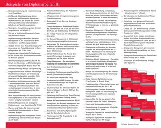 St. Galler Business School 41
Beispiele von Diplomarbeiten III
Strategieentwicklung und -implementierung
in der Ausbildung
Zielführende Marktbearbeitung: Unter-
suchung der zielführendsten Variante der
Marktbearbeitung am Beispiel des Bauma-
schinengeschäfts eines mittelständischen
Zulieferers der Nutzfahrzeugindustrie
Strategische Herausforderungen der Verteidi-
gungsindustrie am Beispiel XY
The role of Institutional Investors in finan-
cing Industrial Projects
Implementierung des Bereiches Operation
Management an der XY Universität: Kom-
munikations- und Führungsgrundsätze
Ansätze für eine neue Produktstrategie durch
Anwendung von Produktbündelung im Euro-
paflugverkehr bei XY Air Lines.
Eruierung von strategischen Erfolgsfaktoren
bei XY für eine neue Zutrittskontrollsoftware
im Premium Segment
Performancesteigerung im Einkauf durch den
Einsatz von Steuerungs- und Entwicklungsins-
trumenten aufgezeigt am Beispiel der XY AG
Vertriebscontrolling-Analyse und Optimierung
Kooperationsinitiative rechtlich selbständiger
Privathoteliers in Bayern zur Verbesserung
der eigenen Markposition gegenüber Wett-
bewerbern und der Konzernhotellerie
Entwicklung und Implementierung des GBO
- Innovationsprozesses: Wie unter Berück-
sichtigung unternehmensspezifischer Rah-
menbedingungen innovative Ideen in einen
einheitlichen Innovationsprozess überführt
werden können
Neue Herausforderungen für einen Automa-
tisierungshersteller in der europäischen che-
mischen und pharmazeutischen Industrie
Portfolio Management und strategische
Positionierung – neue Ausrichtung für XY AG
Chancen und Risiken für Unternehmen der
europäischen Rüstungsindustrie in Zeiten
sinkender Budgets
Implementierung eines strategischen Einwei-
ser-Marketings im Krankenhaus am Beispiel
der XY GmbH
Theoretische Betrachtung des Produktent-
wicklungsprozesses
Erfolgspotentiale der Implementierung eines
Produktionssystems
Businessplan für ein Start-up Beratungs­
unternehmen
Change Management: Rückblickende Analyse
der Transformation von XY im Jahr 2011 mit
dem Fokus auf die Einbindung der Mitarbeiter
Der Change Prozess von XY: Erfolgsfaktror
Mitarbeiter
Key Account Management im Mittelstand:
Entwicklung praxistauglicher Instrumente
Marktanalyse für Beratungsdienstleistungen
im Bereich von kleinen und mittleren Unter-
nehmen des verarbeitenden Gewerbes in
Baden-Württemberg
‹LET Us Perform› Boost the Avionic Deve-
lopment Performance by applying Lean
Management and Six Sigma Methods
Change Management - Die systematische
Gestaltung von Veränderungen im Unternehmen
Vom IT-Infrastrukturanbieter zum IT
Lösungsanbieter
Strategische Positionierung eines Geschäfts-
bereichs (Theoretische Grundlagen)
Mit Kaizen zum nachhaltigen Erfolg
Kundenorientierte CRM-Strategie für mobi-
le Softwareanwendungen am Beispiel der
Automobilmarke «XY»
Situationsanalyse des Schweizer Marktes für
Business-Software im Bereich KMU am Bei-
spiel der XY AG
Erarbeitung eines Konzepts zur Shared Services
Optimierung im Bereich Learning Services
Analyse der Unternehmenssituation der XY AG
Strategisches Key Account Management und
wissenschaftliches Marketing in einem uni-
versitären Geschäftsumfeld (Zahnmedizin)
Ausarbeitung eines Verkaufsplanungskon-
zepts für Manufacturing Service
Preismanagement für Neuprodukte in der
Bodensparte von XY
Theoretische Abhandlung zur Gründung
eines Beratungsunternehmens mit dem Fokus
kleine und mittlere Unternehmen des verar-
beitenden Gewerbes in Baden-Württemberg
Erstellung eines Konzepts zur Auslagerung
der betriebswirtschaftlichen Beratung der
XY-Verbundgruppe in eine neu zu gründende
Gesellschaft
Operations Management - Neuauflage eines
Produktionsplanungsprozesses, Handlungs-
optionen zur Organisations- und Führungs-
struktur
Branchenorientierte Unternehmensbewertung
am Beispiel einer mittelständischen Unter-
nehmung aus dem Sondermaschinenbau
Zündsysteme zur Korrektur der Geschoss-
flugbahn von Artilleriegeschossen der XY
GmbH - Marktanalyse und Ableitung von
Handlungsoptionen für eine erfolgreiche
Marktbearbeitung
Globalizing Market Management - Formation
of an efficient global Market Management
with the target to extend the regional Pro-
duct Portfolio and to adapt it in the local
market conditions
Analyse zur Effizienzsteigerung des Produkt-
entwicklungsprozesses und der Umsetzungs-
planung
Global Customer Satisfaction survey -
XY as Provider of Generic Drugs
Projektcontrolling - Theoretischer Ansatz und
praktische Einführung bei der XY AG
Einführung eines Customer Relationship
Management (CRM) zur Intensivierung des
Firmenkundengeschäfts eines regionalen
Kreditinstituts
Business Plan for the new product «Core
Learning Program for Product Managers»
Einzel- und Multiprojektcontrolling
Kundenbindung als strategischer Erfolgsfak-
tor aus Sicht der XY GmbH
Strategische Optionen im Baustoffhandel am
Beispiel der XY GmbH
Strategische Optionen im deutschen Bier-
markt am Beispiel der XY Gruppe
Prozessmanagement im Mittelstand: Theorie
- Vorgehensweise - Fallstudie
Die Integration der buddhistischen Philoso-
phie in das Berufsleben
Erarbeitung eines geeigneten Kostenrech-
nungssystems aus Sicht eines mittelständi-
schen Maschinenbauers
Change 3.0 - Die Modernisierung und Ver-
änderung einer Vertriebsorganisation mittels
Einsatz eines Tablets
Gesunde Call Center müssen keine Illusion
bleiben: Von hohem Krankenstand hin zur
Entwicklung gesunder Call Center bei der XY
durch Implementierung eines Integrierten
Gesundheitsmanagements
Strategisches Management als Instrument
der Geschäftsmodellentwicklung zur Unter-
nehmensgründung
Strategische Positionierung des Geschäftsbe-
reichs Finance der XY GmbH
Grundlagen bei der Entwicklung strategi-
scher Optionen
ST.GALLER
BUSINESS BOOKS  TOOLS
GENERAL MANAGEMENT SERIES
ST.GALLER
BUSINESS BOOKS  TOOLS
GENERAL MANAGEMENT SERIES
EDITIONGENERALMANAGEMENTSERIES
7
ChristianAbegglenPlanenOptimieren·Band7
Christian Abegglen
Herausgeber
Publikationsreihe
Ganzheitliches Management
in der Praxis
Planen  Optimieren
Beiträge von Armin Hürlimann und Alexander Hust
Ausgewählte Diplomarbeiten der St.Galler Business School
Band 7/2012Band 7: Planen  Optimieren
Band 7 widmet sich dem breiten Themenspektrum von «Planen  Op-
timieren» und greift mittels unterschiedlich gelagerter Beiträge wesent-
liche Faktoren der erfolgreichen Führung der Unternehmung auf.
Der erste Beitrag verfasst von Armin Hürlimann beschäftigt sich mit
der Optimierung von Geschäftsprozessen durch den Einsatz moder-
ner Kollaborations-Technologien. Im Fokus steht hierbei die optimale
Unterstützung des Kerngeschäfts einer Firma durch den Einsatz mo-
derner Kommunikations- und Kollaborationstechnologien sowie die
Umsetzung dieser nötigen Leistungen im Rahmen einer zu gründenden
Beratungsfirma für welche ein fundierter Businessplan erarbeitet wird.
Im zweiten Beitrag von Alexander Hust wird der Ausbau der Kosten-
und Leistungsrechnung in einem Industriebetrieb zu einem Füh-
rungsinstrument behandelt. Ziel dieses Textes ist die Weiterentwick-
lung der aktuellen Rechnungs-wesenlandschaft zu einer Kosten- und
Leistungsrechnung, die den Anforderungen eines führungsorientierten
Management Accounting gerecht wird. Hierzu wird zunächst die mo-
mentane Rechnungswesenlandschaft dargestellt und auf ihre Stärken
und Schwächen hin untersucht, um darauf aufbauend den Ausbau zu
einem Führungsinstrument zu erläutern.
ST.GALLER
BUSINESS BOOKS  TOOLS
GENERAL MANAGEMENT SERIES
ST.GALLER
BUSINESS BOOKS  TOOLS
GENERAL MANAGEMENT SERIES
EDITIONGENERALMANAGEMENTSERIES
10
Christian Abegglen
Herausgeber
Publikationsreihe
Ganzheitliches Management
in der Praxis
Produkt  Vermarktung
Beiträge von Iris Maria Ziegler, Eva-Maria Tomic und
Erwin Thom
Ausgewählte Diplomarbeiten der St.Galler Business School
Band 10/2013
Band 10: Produkt  Vermarktung
Band 10 widmet sich dem breiten Themenbereich von Produkt und Ver-
marktung. Dabei beschäftigt sich der erste Beitrag von Iris Maria Zieg-
ler in englischer Sprache mit der Kombination von «Quality by Design»
(QbD) und einem minimalistischen Ansatz zum Zwecke der Optimierung
der Value Chain und Profitabilität in der Pharma Industrie. Dabei stellt
sich heraus, dass QbD sowohl die Entwicklung besserer Arzneimittel als
auch nachhaltiges Wachstum der Unternehmung zielführend fördert.
Im zweiten Beitrag von Eva-Maria Tomic wird das Marketinginstru-
ment «Messe» und deren Bedeutung für eine effektive Erfolgskontrolle
im Detail beleuchtet. Ziel ist dabei die Herleitung eines proaktiven und
umsichtigen Messemanagements unter Hinzuziehung verschiedenster
Controllingansätze, die dieses Marketingtool optimieren helfen. Dabei
stellt sich erwartungsgemäss heraus, dass eine gute Messekontrolle mit
einer klaren, quantifizierbaren Zielsetzung steht und fällt. Richtig im-
plementiert trägt ein integriertes Messemanagement vielseitig zur Errei-
chung der Unternehmensziele bei.
Der dritte Artikel von Erwin Thom beruht auf einer Analyse zur Ver-
besserung der Situation des Informationsschutzes in den Gesellschaften
des Bayer-Konzerns in der Volksrepublik China. Das daraus entstandene
ganzheitliche Programm zur Informationssicherheit «Framework for In-
formation Security und Risk-Management» beruht auf einem stabilen
Architekturmodell und berücksichtigt dabei sowohl lokale als auch glo-
bale Anforderungen. Ein konkretes Change-Management-Konzept zur
Umsetzung des Programms rundet die Arbeit ab.
ChristianAbegglenProduktVermarktung·Band10
ST.GALLER
BUSINESS BOOKS  TOOLS
GENERAL MANAGEMENT SERIES
ST.GALLER
BUSINESS BOOKS  TOOLS
GENERAL MANAGEMENT SERIES
EDITIONGENERALMANAGEMENTSERIES
8
ChristianAbegglenTransferAuslagerung·Band8
Christian Abegglen
Herausgeber
Publikationsreihe
Ganzheitliches Management
in der Praxis
Transfer  Auslagerung
Beiträge von Hagen Höhl und Thomas Gazlig
Ausgewählte Diplomarbeiten der St.Galler Business School
Band 8/2012Band 8: Transfer  Auslagerung
Gerade in Zeiten turbulenter Umbrüche rücken immer häufiger so-
genannte «Make or Buy Entscheidungen» ins Zentrum des unterneh-
merischen Radars. Damit einhergehend spielen eine Konzentration auf
Kernkompetenzen, der Aufbau von Know-how bzw. auch der Transfer
von Wissen und Technologien eine zunehmend bedeutsame Rolle. Aus
diesem Grunde steht der 8. Band ganz im Zeichen des Themenkreises
«Transfer  Auslagerung». Outsourcing beschreibt mit einem Wort eine
Vielzahl von solchen Möglichkeiten, die sich im Laufe der letzten Jahre
entwickelt haben.
Im ersten Beitrag werden diese von Hagen Höhl aufgegriffen und mit
den Begrifflichkeiten Off-, On- und Nearshoring konfrontiert. Nach
einer detaillierten Auseinandersetzung mit Möglichkeiten und Grenzen
der Identifikation verlagerungsfähiger Leistungen werden sowohl ein
Fragekatalog, der sog. Verlagerungs-Check sowie vor Off- bzw. On-
shore-Entscheidungen zu überprüfende Kriterien erarbeitet.
Der zweite Beitrag verfasst von Thomas Gazlig soll dazu beitragen,
Innovationspotenziale an der Schnittstelle von Grundlagenforschung
und Wirtschaft besser auszuschöpfen. Hierbei muss sich der Technologie-
transfer auf neue Anforderungen einstellen d.h. Transfereinrichtungen
sind gefordert sich auf Kernkompetenzen fokussieren und gleichzeitig
den Wandel von der Technologie- zur Nutzenorientierung vollziehen.
Dabei gewinnt insbesondere die Initiierung und aktive Gestaltung von
Beziehungen zwischen Wissenschaftlern und Unternehmensvertretern
als Schlüsselelement erfolgreichen Technologietransfer an Bedeutung.
Der Beitrag endet der Vorstellung des sog. «Relationship-Management-
Konzepts» – einem Vorschlag zur praxisrelevanten Umsetzung dieser
Erfordernis.
ST.GALLER
BUSINESS BOOKS  TOOLS
GENERAL MANAGEMENT SERIES
ST.GALLER
BUSINESS BOOKS  TOOLS
GENERAL MANAGEMENT SERIES
EDITIONGENERALMANAGEMENTSERIES 11
Christian Abegglen
Herausgeber
Publikationsreihe
Ganzheitliches Management
in der Praxis
Projektmanagement 
Prozessoptimierung
Beiträge von Frank Weinfurth und Gabriel Alain Fechir
Ausgewählte Diplomarbeiten der St.Galler Business School
Band 11/2013
Band 11: Projektmanagement 
Prozessoptimierung
Gerade in schnelllebigen Zeiten mit erhöhten Unsicherheiten gewinnt
der Ansatz der projektbasierten Organisation als auch die Optimie-
rung von Prozessen zunehmend an Bedeutung, dessen Thematiken sich
Band 11 widmet. Frank Weinfurth steuert hier in einem ersten Beitrag
einen Lösungsansatz für Herausforderungen in der Beratung von ERP-
Einführungsprojekten, insbesondere für KMU, bei. Dieser Ansatz basiert
primär auf der Idee, die eigene, evolutorisch entwickelte Projektkom-
petenz und -effizienz auch den Kunden im Rahmen des gemeinsamen
Projektes zur Verfügung zu stellen.
Mit dem konkreten Ausbau der Projektmanagement-Kompetenz inner-
halb einer Consulting-Unternehmung beschäftigt sich der zweite Beitrag
von Gabriel Alain Fechir. Dabei werden aus einer fundierten, ganzheit-
lichen Analyse des Projektmanagements des Unternehmens konkrete
Harmonisierungs- und Optimierungsansätze erarbeitet und so auf eine
Institutionalisierung des Projektmanagements hingesteuert. Insbeson-
dere bei umfangreichen Projekten lässt das Ergebnis Einsparungen und
so einen konkreten monetären Nutzen erwarten.
ChristianAbegglenProjektmanagementProzessoptimierung·Band11
ST.GALLER
BUSINESS BOOKS  TOOLS
GENERAL MANAGEMENT SERIES
ST.GALLER
BUSINESS BOOKS  TOOLS
GENERAL MANAGEMENT SERIES
EDITIONGENERALMANAGEMENTSERIES
9
ChristianAbegglenWettbewerbMarktbearbeitung·Band9
Christian Abegglen
Herausgeber
Publikationsreihe
Ganzheitliches Management
in der Praxis
Wettbewerb  Marktbearbeitung
Beiträge von Simone Bliem und Wolfgang Blender
Ausgewählte Diplomarbeiten der St.Galler Business School
Band 9/2012Band 9: Wettbewerb  Marktbearbeitung
Märkte als Orte des Zusammentreffens von Angebot und Nachfrage
sowie auch Wettbewerbsschauplätze sind mit die wesentlichsten Ele-
mente unseres Wirtschaftssystems. Band 9 beschäftigt sich daher mit
den Bereichen Wettbewerb und Marktbearbeitung.
Der erste Beitrag von Simone Bliem analysiert Wettbewerbs- und Markt-
bearbeitungsstrategien für den E-Participation Markt in Deutschland.
Mittlerweile ist E-Participation in Deutschland zunehmend Gegenstand
von Ausschreibungen der öffentlichen Verwaltung, sei es als ein Teil-
bereich von E-Government-Projekten im Sinne eines Qualitätsmerk-
mals oder als ausschließliches E-Participation-Projekt. Nach umfassen-
den Analyse wird eine Wettbewerbs- und Marktbearbeitungsstrategie
für den E-Participation Markt in Deutschland erarbeitet. Innovationen
in Produkte und Prozesse sind heute unerlässlich für Unternehmen, die
am Markt dauerhaft erfolgreich sein wollen.
Der zweite Beitrag von Wolfgang Blender beschäftigt sich mit der
Generierung und selektiven Argumentation von Alleinstellungsmerk-
malen. Hat man die Alleinstellungsmerkmale identifiziert, gilt es jeweils
ein Concept Board dazu zu erstellen, das die Problemstellung des Kun-
den beschreibt, die Innovation darstellt, den Kundenutzen umschreibt
und ihn belegt, um am Ende einen kurzen Slogan daraus zu formen, der
möglichst einprägsam ist.
ST.GALLER
BUSINESS BOOKS  TOOLS
GENERAL MANAGEMENT SERIES
ST.GALLER
BUSINESS BOOKS  TOOLS
GENERAL MANAGEMENT SERIES
EDITIONGENERALMANAGEMENTSERIES
12
Christian Abegglen
Herausgeber
Publikationsreihe
Ganzheitliches Management
in der Praxis
General Management  Strategie
Beiträge von Daniel L. Rüedi, Thomas Grün und
Ingrid Schwaiger
Ausgewählte Diplomarbeiten der St.Galler Business School
Band 12/2013
Band 12:
General Management  Strategie
Vor dem Hintergrund der integrierten Abstimmung von Einzelmassnah-
men mit der Gesamtunternehmung und deren Zielen beschäftigt sich
Band 12 mit den umfassenden Bereichen von General Management und
Strategie. Dabei thematisiert in einem ersten Beitrag Daniel L. Rüedi
die Zukunft des Produktes «Index X» der in der Verlagsbranche tätigen
Muster AG, eines Marktdienstleisters im baunahen Umfeld und rückt
dabei die Optionen Re-Launch oder Marktaustritt in den Fokus. Es wer-
den der Informationsservice «Index X» näher analysiert und Impulse für
dessen kundenorientierte Neupositionierung erarbeitet.
Thomas Grün beschäftigt sich im zweiten Artikel mit dem St. Galler
Konzept Integriertes Management und setzt dieses in den spannenden
Kontext des mittlerweile häufig diskutierten Bank- und Sparkassenwe-
sens. Sparkassen sind dabei aufgrund einer spezifischen Gesetzeslage
als Anstalten öffentliches Rechts primär im Sinne eines Stakeholder-
Ansatzes organisiert und aus normativer Perspektive eher pluralistisch
und gesellschaftlich aufgestellt, was insbesondere aus dem Blickwinkel
des St. Galler Gedankenguts interessante Erkenntnisse verspricht.
Den Abschluss des Bandes bietet der englischsprachige Beitrag von
Ingrid Schwaiger, die sich mit Reorganisationsprozessen einer Organi-
sation höherer Ebene – der Europäischen Kommission – beschäftigt und
dabei vergangene Lessons Learned und zukünftige strategische Überle-
gungen thematisiert. Das St. Galler Konzept Integriertes Management
wird dabei mit den speziellen Charakteristika einer Institution auf Eu-
ropäischer Ebene kombiniert – also eine umfassende Perspektive ein-
genommen und verschiedene Teilaspekte der Reorganisation punktuell
herausgegriffen.
ChristianAbegglenGeneralManagementStrategie·Band12
 