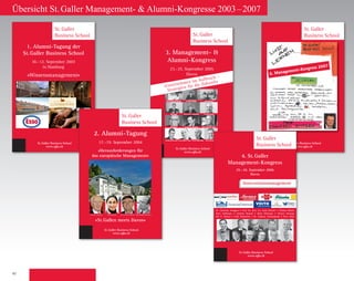 42
St.Galler
Business School
3.Management- 
Alumni-Kongress
23.–25. September 2005
Davos
St.Galler Business School
www.sgbs.ch
1. Alumni-Tagung der
St.Galler Business School
10.–12. September 2003
in Hamburg
«Wissensmanagement»
Davos(*****Hotel)
Promenade89
CH-7270Davos-Platz
Tel.:+41(0)814156000
Fax:+41(0)814156001
davos@steigenberger.ch
www.davos.steigenberger.ch
Hotelkosten:
Zimmer/Frühstück(proNacht):
Kat.A:CHF265.–
B:CHF230.–
C:CHF195.–
ZuschlagDoppelbelegung:
3.Management-
nehmer/innenundGäste
CHF890.–fürSGBS-Diplomabsol-
ventenundSGBS-Alumni-
Clubmitglieder
CHF490.–fürBegleitpersonenmit
Kongressbesuch
CHF590.–beiTeilnahmeausschliess-
lichamPlenumstagvom
Freitag,23.9.2005
BeiAnmeldungenvon2Personenaus
dergleichenFirma:Reduktionvon
15%aufdieKongressgebühr.
DieKongressgebührbeinhaltet
Tagungsteilnahme,Mittagessenim
essSchool
e36
llen
Kongressort:
Hotel Steigenberger Belvédère,
Davos (*****Hotel)
Promenade 89
CH-7270 Davos-Platz
Tel.: +41 (0)81 415 60 00
Fax: +41 (0)81 415 60 01
davos@steigenberger.ch
www.davos.steigenberger.ch
Hotelkosten:
Zimmer/Frühstück (pro Nacht):
Kat. A: CHF 265.–
B: CHF 230.–
C: CHF 195.–
Zuschlag Doppelbelegung:
CHF 75.– (pro Nacht).
Sonderkonditionen für Zusatznacht
bei Voranreise/Verlängerung
auf Anfrage
Kleidung:
Kongress: Business Casual
Gala-Dinner: Abendgarderobe
Davoser-Abend: Casual
Wanderung: Wander-/Sportschuhe
Bitte geben Sie bei der Anmeldung die von Ihnen gewünschten Workshops
(A–I) an. Ohne Angaben erfolgt die Zuteilung durch die St.Galler Business
School. Kleine Programmänderungen vorbehalten.
Richten Sie die Anmeldung per Post, Mail oder Fax an:
St. Galler Business School Tel.: +41 (0)71 225 40 80
Rosenbergstrasse 36 Fax: +41 (0)71 225 40 89
CH-9000 St. Gallen E-Mail: seminare@sgbs.com
Internet: www.sgbs.com/alumni
Anreise
St.Galler
Business School
3.Management- 
Alumni-Kongress
23.–25. September 2005
Davos
Administration
Kongressgebühr:
CHF 1190.– für ehemalige Seminarteil-
nehmer/innen und Gäste
CHF 890.– für SGBS-Diplomabsol-
venten und SGBS-Alumni-
Clubmitglieder
CHF 490.– für Begleitpersonen mit
Kongressbesuch
CHF 590.– bei Teilnahme ausschliess-
lich am Plenumstag vom
Freitag, 23.9.2005
Bei Anmeldungen von 2 Personen aus
der gleichen Firma: Reduktion von
15% auf die Kongressgebühr.
Die Kongressgebühr beinhaltet
Tagungsteilnahme, Mittagessen im
Hotel, Gala-Dinner und Davoser-
Abend.
Parallelprogramm für
mitreisende Partner/innen:
Für mitreisende Partner/innen besteht
die Möglichkeit, nur an den Abend-
veranstaltungen sowie am Freizeit-
programm, welches am Freitagnach-
mittag für Begleitpersonen organisiert
wird, anwesend zu sein (CHF 250.– für
Abend- und Freizeitveranstaltungen).
Davos im Herbst
Die Kongressgebühr wird nach Anmeldung erhoben und ist bis spätestens
15. August 2005 zu bezahlen, ansonsten verfällt die Anmeldung. Bei einem
Rücktritt später als 4 Wochen vor Kongressbeginn werden 50 % der Gebühr
verrechnet. Das Platz- und Hotelangebot ist beschränkt. Bei einer ausgebuch-
ten Hotelkategorie erfolgt automatisch eine Buchung in die nächst höhere
Kategorie. Sie erhalten detaillierte Anreise- und Hotelinformationen mit der
Anmeldebestätigung. Bitte geben Sie die gewünschte Zimmerkategorie sowie
Ankunfts-/Abreisedaten an. Die Hotelreservation wird Ihnen vom Hotel direkt
bestätigt. Das Hotel stellt den Teilnehmern individuell Rechnung.
St.Galler
Business School
www.sgbs.com/alumni
St.GallerBusinessSchool
Rosenbergstrasse36
CH-9000St.Gallen
frankieren
St.Galler Business School
www.sgbs.ch
3. Management- 
Alumni-Kongress
23.–25. September 2005
Davos
Kongressort:
Hotel Steigenberger Belvédère,
Davos (*****Hotel)
Promenade 89
CH-7270 Davos-Platz
Tel.: +41 (0)81 415 60 00
Fax: +41 (0)81 415 60 01
davos@steigenberger.ch
www.davos.steigenberger.ch
Hotelkosten:
Zimmer/Frühstück (pro Nacht):
Kat. A: CHF 265.–
B: CHF 230.–
C: CHF 195.–
Zuschlag Doppelbelegung:
CHF 75.– (pro Nacht).
Sonderkonditionen für Zusatznacht
bei Voranreise/Verlängerung
auf Anfrage
Kleidung:
Kongress: Business Casual
Gala-Dinner: Abendgarderobe
Davoser-Abend: Casual
Wanderung: Wander-/Sportschuhe
Bitte geben Sie bei der Anmeldung die von Ihnen gewünschten Workshops
(A–I) an. Ohne Angaben erfolgt die Zuteilung durch die St.Galler Business
School. Kleine Programmänderungen vorbehalten.
Richten Sie die Anmeldung per Post, Mail oder Fax an:
St. Galler Business School Tel.: +41 (0)71 225 40 80
Rosenbergstrasse 36 Fax: +41 (0)71 225 40 89
CH-9000 St. Gallen E-Mail: seminare@sgbs.com
Internet: www.sgbs.com/alumni
Anreise
St.Galler
Business School
3.Management- 
Alumni-Kongress
23.–25. September 2005
Davos
Administration
Kongressgebühr:
CHF 1190.– für ehemalige Seminarteil-
nehmer/innen und Gäste
CHF 890.– für SGBS-Diplomabsol-
venten und SGBS-Alumni-
Clubmitglieder
CHF 490.– für Begleitpersonen mit
Kongressbesuch
CHF 590.– bei Teilnahme ausschliess-
lich am Plenumstag vom
Freitag, 23.9.2005
Bei Anmeldungen von 2 Personen aus
der gleichen Firma: Reduktion von
15% auf die Kongressgebühr.
Die Kongressgebühr beinhaltet
Tagungsteilnahme, Mittagessen im
Hotel, Gala-Dinner und Davoser-
Abend.
Parallelprogramm für
mitreisende Partner/innen:
Für mitreisende Partner/innen besteht
die Möglichkeit, nur an den Abend-
veranstaltungen sowie am Freizeit-
programm, welches am Freitagnach-
mittag für Begleitpersonen organisiert
wird, anwesend zu sein (CHF 250.– für
Abend- und Freizeitveranstaltungen).
Davos im Herbst
Die Kongressgebühr wird nach Anmeldung erhoben und ist bis spätestens
15. August 2005 zu bezahlen, ansonsten verfällt die Anmeldung. Bei einem
Rücktritt später als 4 Wochen vor Kongressbeginn werden 50 % der Gebühr
verrechnet. Das Platz- und Hotelangebot ist beschränkt. Bei einer ausgebuch-
ten Hotelkategorie erfolgt automatisch eine Buchung in die nächst höhere
Kategorie. Sie erhalten detaillierte Anreise- und Hotelinformationen mit der
Anmeldebestätigung. Bitte geben Sie die gewünschte Zimmerkategorie sowie
Ankunfts-/Abreisedaten an. Die Hotelreservation wird Ihnen vom Hotel direkt
bestätigt. Das Hotel stellt den Teilnehmern individuell Rechnung.
St.Galler
Business School
St.GallerBusinessSchool
Rosenbergstrasse36
CH-9000St.Gallen
Kongressort:
Hotel Steigenberger Belvédère,
Davos (*****Hotel)
Promenade 89
CH-7270 Davos-Platz
Tel.: +41 (0)81 415 60 00
Fax: +41 (0)81 415 60 01
davos@steigenberger.ch
www.davos.steigenberger.ch
Hotelkosten:
Zimmer/Frühstück (pro Nacht):
Kat. A: CHF 265.–
B: CHF 230.–
C: CHF 195.–
Zuschlag Doppelbelegung:
CHF 75.– (pro Nacht).
Sonderkonditionen für Zusatznacht
bei Voranreise/Verlängerung
auf Anfrage
Kleidung:
Kongress: Business Casual
Gala-Dinner: Abendgarderobe
Davoser-Abend: Casual
Wanderung: Wander-/Sportschuhe
Bitte geben Sie bei der Anmeldung die von Ihnen gewünschten Workshops
(A–I) an. Ohne Angaben erfolgt die Zuteilung durch die St.Galler Business
School. Kleine Programmänderungen vorbehalten.
Richten Sie die Anmeldung per Post, Mail oder Fax an:
St. Galler Business School Tel.: +41 (0)71 225 40 80
Rosenbergstrasse 36 Fax: +41 (0)71 225 40 89
CH-9000 St. Gallen E-Mail: seminare@sgbs.com
Internet: www.sgbs.com/alumni
Anreise
St.Galler
Business School
3.Management- 
Alumni-Kongress
23.–25. September 2005
Davos
Administration
Kongressgebühr:
CHF 1190.– für ehemalige Seminarteil-
nehmer/innen und Gäste
CHF 890.– für SGBS-Diplomabsol-
venten und SGBS-Alumni-
Clubmitglieder
CHF 490.– für Begleitpersonen mit
Kongressbesuch
CHF 590.– bei Teilnahme ausschliess-
lich am Plenumstag vom
Freitag, 23.9.2005
Bei Anmeldungen von 2 Personen aus
der gleichen Firma: Reduktion von
15% auf die Kongressgebühr.
Die Kongressgebühr beinhaltet
Tagungsteilnahme, Mittagessen im
Hotel, Gala-Dinner und Davoser-
Abend.
Parallelprogramm für
mitreisende Partner/innen:
Für mitreisende Partner/innen besteht
die Möglichkeit, nur an den Abend-
veranstaltungen sowie am Freizeit-
programm, welches am Freitagnach-
mittag für Begleitpersonen organisiert
wird, anwesend zu sein (CHF 250.– für
Abend- und Freizeitveranstaltungen).
Davos im Herbst
Die Kongressgebühr wird nach Anmeldung erhoben und ist bis spätestens
15. August 2005 zu bezahlen, ansonsten verfällt die Anmeldung. Bei einem
Rücktritt später als 4 Wochen vor Kongressbeginn werden 50 % der Gebühr
verrechnet. Das Platz- und Hotelangebot ist beschränkt. Bei einer ausgebuch-
ten Hotelkategorie erfolgt automatisch eine Buchung in die nächst höhere
Kategorie. Sie erhalten detaillierte Anreise- und Hotelinformationen mit der
Anmeldebestätigung. Bitte geben Sie die gewünschte Zimmerkategorie sowie
Ankunfts-/Abreisedaten an. Die Hotelreservation wird Ihnen vom Hotel direkt
bestätigt. Das Hotel stellt den Teilnehmern individuell Rechnung.
St.Galler
Business School
St.GallerBusinessSchool
Rosenbergstrasse36
CH-9000St.Gallen
«Unternehmen im Aufbruch –
Strategien für die Zukunft»
Otto Ineichen Dr. Eckart von Hirschhausen Prof. Dr. Hans Jobst Pleitner
Hotel Steigenberger Belvédère Dr. Christian Abegglen Podiumsdiskussion
Karl-Heinz Grosse Peclum Dr. Dres. Manuel R. Theisen Prof. Dr. Wilfried Krüger Prof. Dr. Rolf Wunderer
Sören Slowak Prof. Dr. Dres. h. c. Knut Bleicher Dr. Konrad Hummler
St.Galler Business School www.sgbs.com/alumni
Rosenbergstrasse 36 seminare@sgbs.com Tel.: 0041 (0)71 225 40 80
CH-9000 St.Gallen Fax: 0041 (0)71 225 40 89
Kongressort:
Hotel Steigenberger Belvédère,
Davos (*****Hotel)
Promenade 89
CH-7270 Davos-Platz
Tel.: +41 (0)81 415 60 00
Fax: +41 (0)81 415 60 01
davos@steigenberger.ch
www.davos.steigenberger.ch
Hotelkosten:
Zimmer/Frühstück (pro Nacht):
Kat. A: CHF 265.–
B: CHF 230.–
C: CHF 195.–
Zuschlag Doppelbelegung:
CHF 75.– (pro Nacht).
Sonderkonditionen für Zusatznacht
bei Voranreise/Verlängerung
auf Anfrage
Kleidung:
Kongress: Business Casual
Gala-Dinner: Abendgarderobe
Davoser-Abend: Casual
Wanderung: Wander-/Sportschuhe
Bitte geben Sie bei der Anmeldung die von Ihnen gewünschten Workshops
(A–I) an. Ohne Angaben erfolgt die Zuteilung durch die St.Galler Business
School. Kleine Programmänderungen vorbehalten.
Richten Sie die Anmeldung per Post, Mail oder Fax an:
St. Galler Business School Tel.: +41 (0)71 225 40 80
Rosenbergstrasse 36 Fax: +41 (0)71 225 40 89
CH-9000 St. Gallen E-Mail: seminare@sgbs.com
Internet: www.sgbs.com/alumni
Anreise
St.Galler
Business School
3.Management- 
Alumni-Kongress
23.–25. September 2005
Davos
Administration
Kongressgebühr:
CHF 1190.– für ehemalige Seminarteil-
nehmer/innen und Gäste
CHF 890.– für SGBS-Diplomabsol-
venten und SGBS-Alumni-
Clubmitglieder
CHF 490.– für Begleitpersonen mit
Kongressbesuch
CHF 590.– bei Teilnahme ausschliess-
lich am Plenumstag vom
Freitag, 23.9.2005
Bei Anmeldungen von 2 Personen aus
der gleichen Firma: Reduktion von
15% auf die Kongressgebühr.
Die Kongressgebühr beinhaltet
Tagungsteilnahme, Mittagessen im
Hotel, Gala-Dinner und Davoser-
Abend.
Parallelprogramm für
mitreisende Partner/innen:
Für mitreisende Partner/innen besteht
die Möglichkeit, nur an den Abend-
veranstaltungen sowie am Freizeit-
programm, welches am Freitagnach-
mittag für Begleitpersonen organisiert
wird, anwesend zu sein (CHF 250.– für
Abend- und Freizeitveranstaltungen).
Davos im Herbst
Die Kongressgebühr wird nach Anmeldung erhoben und ist bis spätestens
15. August 2005 zu bezahlen, ansonsten verfällt die Anmeldung. Bei einem
Rücktritt später als 4 Wochen vor Kongressbeginn werden 50 % der Gebühr
verrechnet. Das Platz- und Hotelangebot ist beschränkt. Bei einer ausgebuch-
ten Hotelkategorie erfolgt automatisch eine Buchung in die nächst höhere
Kategorie. Sie erhalten detaillierte Anreise- und Hotelinformationen mit der
Anmeldebestätigung. Bitte geben Sie die gewünschte Zimmerkategorie sowie
Ankunfts-/Abreisedaten an. Die Hotelreservation wird Ihnen vom Hotel direkt
bestätigt. Das Hotel stellt den Teilnehmern individuell Rechnung.
St.Galler
Business School
St.GallerBusinessSchool
www.sgbs.com/alumni
St.GallerBusinessSchool
Rosenbergstrasse36
CH-9000St.Gallen
Bitte
frankieren
St.Galler Business School
www.sgbs.ch
5. Management-Kongress 2007
St.Galler
Business School
4. St.Galler
Management-Kongress
29.–30. September 2006
Davos
4. Management-Kongress
29.–30. September 2006
Davos
St.Galler Business School
www.sgbs.com
St.Galler Business School
Rosenbergstrasse 36
CH-9000 St.Gallen
Tel.: 0041 (0)71 225 40 80
Fax: 0041 (0)71 225 40 89
seminare@sgbs.com
www.sgbs.com/alumni
D E U T S C H L A N DD E U T S C H L A N D
Innovationsmanagement
Peter Edelmann • Dr. Eckart von Hirschhausen • Prof. Knut Bleicher • Dr. Christian Abegglen • Felix Richterich • Joachim Hunold • Bettina Würth
Dr. Andreas Truckenbrodt • Mark McGregor • Helmut Bührle • Dr. Eckart von Hirschhausen • Werner Neunzig • Peter Edelmann • Ole N. Nielsen
Prof. Knut Bleicher • Dr. Christian Abegglen • Felix Richterich • Joachim Hunold • Bettina Würth • Dr. Andreas Truckenbrodt • Mark McGregor
Dr. Eckart von Hirschhausen • Ole N. Nielsen • Werner Neunzig • Peter Edelmann • Helmut Bührle • Dr. Christian Abegglen • Prof. Knut Bleicher
St.Galler
Business School
4. St.Galler
Management-Kongress
29.–30. September 2006
Davos
4. Management-Kongress
29.–30. September 2006
Davos
St.Galler Business School
www.sgbs.com
St.Galler Business School
Rosenbergstrasse 36
CH-9000 St.Gallen
Tel.: 0041 (0)71 225 40 80
Fax: 0041 (0)71 225 40 89
seminare@sgbs.com
www.sgbs.com/alumni
D E U T S C H L A N DD E U T S C H L A N D
Innovationsmanagement
Peter Edelmann • Dr. Eckart von Hirschhausen • Prof. Knut Bleicher • Dr. Christian Abegglen • Felix Richterich • Joachim Hunold • Bettina Würth
Dr. Andreas Truckenbrodt • Mark McGregor • Helmut Bührle • Dr. Eckart von Hirschhausen • Werner Neunzig • Peter Edelmann • Ole N. Nielsen
Prof. Knut Bleicher • Dr. Christian Abegglen • Felix Richterich • Joachim Hunold • Bettina Würth • Dr. Andreas Truckenbrodt • Mark McGregor
Dr. Eckart von Hirschhausen • Ole N. Nielsen • Werner Neunzig • Peter Edelmann • Helmut Bührle • Dr. Christian Abegglen • Prof. Knut Bleicher
Kongressort:
Hotel Steigenberger Belvédère,
Davos (*****Hotel)
Promenade 89
CH-7270 Davos-Platz
Tel.: +41 (0)81 415 60 00
Fax: +41 (0)81 415 60 01
davos@steigenberger.ch
www.davos.steigenberger.ch
Hotelkosten:
Zimmer/Frühstück (pro Nacht):
Kat. A: CHF 265.–
B: CHF 230.–
C: CHF 195.–
Zuschlag Doppelbelegung:
CHF 75.– (pro Nacht).
Sonderkonditionen für Zusatznacht
bei Voranreise/Verlängerung
auf Anfrage
Kleidung:
Kongress: Business Casual
Gala-Dinner: Abendgarderobe
Davoser-Abend: Casual
Wanderung: Wander-/Sportschuhe
Bitte geben Sie bei der Anmeldung die von Ihnen gewünschten Workshops
(A–I) an. Ohne Angaben erfolgt die Zuteilung durch die St.Galler Business
School. Kleine Programmänderungen vorbehalten.
Richten Sie die Anmeldung per Post, Mail oder Fax an:
St. Galler Business School Tel.: +41 (0)71 225 40 80
Rosenbergstrasse 36 Fax: +41 (0)71 225 40 89
CH-9000 St. Gallen E-Mail: seminare@sgbs.com
Internet: www.sgbs.com/alumni
Anreise
St.Galler
Business School
3.Management- 
Alumni-Kongress
23.–25. September 2005
Davos
Administration
Kongressgebühr:
CHF 1190.– für ehemalige Seminarteil-
nehmer/innen und Gäste
CHF 890.– für SGBS-Diplomabsol-
venten und SGBS-Alumni-
Clubmitglieder
CHF 490.– für Begleitpersonen mit
Kongressbesuch
CHF 590.– bei Teilnahme ausschliess-
lich am Plenumstag vom
Freitag, 23.9.2005
Bei Anmeldungen von 2 Personen aus
der gleichen Firma: Reduktion von
15% auf die Kongressgebühr.
Die Kongressgebühr beinhaltet
Tagungsteilnahme, Mittagessen im
Hotel, Gala-Dinner und Davoser-
Abend.
Parallelprogramm für
mitreisende Partner/innen:
Für mitreisende Partner/innen besteht
die Möglichkeit, nur an den Abend-
veranstaltungen sowie am Freizeit-
programm, welches am Freitagnach-
mittag für Begleitpersonen organisiert
wird, anwesend zu sein (CHF 250.– für
Abend- und Freizeitveranstaltungen).
Davos im Herbst
Die Kongressgebühr wird nach Anmeldung erhoben und ist bis spätestens
15. August 2005 zu bezahlen, ansonsten verfällt die Anmeldung. Bei einem
Rücktritt später als 4 Wochen vor Kongressbeginn werden 50 % der Gebühr
verrechnet. Das Platz- und Hotelangebot ist beschränkt. Bei einer ausgebuch-
ten Hotelkategorie erfolgt automatisch eine Buchung in die nächst höhere
Kategorie. Sie erhalten detaillierte Anreise- und Hotelinformationen mit der
Anmeldebestätigung. Bitte geben Sie die gewünschte Zimmerkategorie sowie
Ankunfts-/Abreisedaten an. Die Hotelreservation wird Ihnen vom Hotel direkt
bestätigt. Das Hotel stellt den Teilnehmern individuell Rechnung.
St.Galler
Business School
St.GallerBusinessSchool
www.sgbs.com/alumni
St.GallerBusinessSchool
Rosenbergstrasse36
CH-9000St.Gallen
Bitte
frankieren
St.Galler Business School
www.sgbs.ch
St.Galler
Business School
4. St.Galler
Management-Kongress
29.–30. September 2006
Davos
4. Management-Kongress
29.–30. September 2006
Davos
St.Galler Business School
www.sgbs.com
St.Galler Business School
Rosenbergstrasse 36
CH-9000 St.Gallen
Tel.: 0041 (0)71 225 40 80
Fax: 0041 (0)71 225 40 89
seminare@sgbs.com
www.sgbs.com/alumni
D E U T S C H L A N DD E U T S C H L A N D
Innovationsmanagement
Peter Edelmann • Dr. Eckart von Hirschhausen • Prof. Knut Bleicher • Dr. Christian Abegglen • Felix Richterich • Joachim Hunold • Bettina Würth
Dr. Andreas Truckenbrodt • Mark McGregor • Helmut Bührle • Dr. Eckart von Hirschhausen • Werner Neunzig • Peter Edelmann • Ole N. Nielsen
Prof. Knut Bleicher • Dr. Christian Abegglen • Felix Richterich • Joachim Hunold • Bettina Würth • Dr. Andreas Truckenbrodt • Mark McGregor
Dr. Eckart von Hirschhausen • Ole N. Nielsen • Werner Neunzig • Peter Edelmann • Helmut Bührle • Dr. Christian Abegglen • Prof. Knut Bleicher
Dr. Christian Abegglen • Prof. Dr. Dres. h.c. Knut Bleicher • Helmut Bührle
Peter Edelmann • Joachim Hunold • Mark McGregor • Werner Neunzig
Ole N. Nielsen • Felix Richterich • Dr. Andreas Truckenbrodt • Peter Zürn
t
die von Ihnen gewünschten Workshops
e Zuteilung durch die St.Galler Business
en vorbehalten.
st, Mail oder Fax an:
.: +41 (0)71 225 40 80
x: +41 (0)71 225 40 89
Mail: seminare@sgbs.com
ernet: www.sgbs.com/alumni
Anreise
St.Galler
Business School
3.Management- 
Alumni-Kongress
23.–25. September 2005
Davos
ation
Kongressgebühr:
CHF 1190.– für ehemalige Seminarteil-
nehmer/innen und Gäste
CHF 890.– für SGBS-Diplomabsol-
venten und SGBS-Alumni-
Clubmitglieder
CHF 490.– für Begleitpersonen mit
Kongressbesuch
CHF 590.– bei Teilnahme ausschliess-
lich am Plenumstag vom
Freitag, 23.9.2005
Bei Anmeldungen von 2 Personen aus
der gleichen Firma: Reduktion von
15% auf die Kongressgebühr.
Die Kongressgebühr beinhaltet
Tagungsteilnahme, Mittagessen im
Hotel, Gala-Dinner und Davoser-
Abend.
Parallelprogramm für
mitreisende Partner/innen:
Für mitreisende Partner/innen besteht
die Möglichkeit, nur an den Abend-
veranstaltungen sowie am Freizeit-
programm, welches am Freitagnach-
mittag für Begleitpersonen organisiert
wird, anwesend zu sein (CHF 250.– für
Abend- und Freizeitveranstaltungen).
meldung erhoben und ist bis spätestens
nsten verfällt die Anmeldung. Bei einem
Kongressbeginn werden 50 % der Gebühr
ngebot ist beschränkt. Bei einer ausgebuch-
isch eine Buchung in die nächst höhere
Anreise- und Hotelinformationen mit der
Sie die gewünschte Zimmerkategorie sowie
otelreservation wird Ihnen vom Hotel direkt
ehmern individuell Rechnung.
.Galler
ess School
St.Galler Business School
www.sgbs.ch
2. Alumni-Tagung
17.–19. September 2004
«Herausforderungen für
das europäische Management»
«St.Gallen meets Davos»
Dr. Klaus v. Dohnanyi Prof. Dr. Hans A. WüthrichBettina Würth General Stephan Kretschmer
Übersicht St. Galler Management-  Alumni-Kongresse 2003 – 2007
 