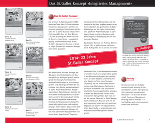 St. Galler Business School 9
Band 1:
Management im Wandel
von Gesellschaft und
Wirtschaft (2005)
9 7 8 3 9 3 4 3 5 0 8 9 2 
ISBN 3- 934350- 89- 5
Swiridoff–SGBBT
BleicherManagementimWandel
Swiridoff
Knut Bleicher
Management im Wandel
Meilensteine der Entwicklung eines Integrierten Managements
Herausgegeben von Christian Abegglen
1
St. Galler Business Books  Tools Wissenschaft
Swiridoff
Lore tinibh ea facidui tin vercidunt lobore facil utpat etumsandiam euismolummy nissequat au-
gueril et acilla augiate commy num vullut alis nullam, corevel esequisisi euipisim ad digna faci-
duisi. Lorperit iusto dolorem vendit, si tem zzriusto core mincilluptat prat, commy nis acidunt alis
dignisis auguercin er sustrud doloborer si esenim nonsenim aliquatue dio od modolor Lore tinibh
ea facidui tin vercidunt lobore facil utpat etumsandiam euismolummy nissequat augueril et acilla
augiate commy num vullut alis nullam, core vel esequisisi euipisim ad digna faciduisi. Lorperit iusto
dolorem vendit, si tem zzriusto core mincilluptat prat, commy nis acidunt alis dignisis auguercin er
sustrud doloborer si esenim nonsenim aliquatue dio od modolor Lore tinibh ea facidui tin vercidunt
lobore facil utpat etumsandiam euismolummy nissequat augueril et acilla augiate commy num
vullut alis nullam, core vel esequisisi euipisim ad digna faciduisi. Lorperit iusto dolorem vendit, si
tem zzriusto core mincilluptat prat, commy nis acidunt alis dignisis auguercin er sustrud doloborer
si esenim nonsenim aliquatue dio od modolor
Herausgegeben von Christian Abegglen
Meilensteine
Integriertes
Management1
St. Galler Business Books  Tools Wissenschaft
MeilensteinederEntwicklungeinesIntegriertenManagements
Band 2:
Strukturen und Kulturen
(2008)
0 8 9 2 
0- 89- 5
ffodiriwS
rehcielBStnerutluKnerutkur
Swiridoff
Knut Bleicher
Meilensteine der Entwicklung eines Integrierten Managements
Herausgegeben von Christian Abegglen
2
St. Galler Business Books  Tools Wissenschaft
au-
aci-
nt alis
inibh
acilla
rit iusto
ercin er
ercidunt
um
dit, si
oborer
enietsnelieM
setreirgetnI
tnemeganaM2
chaft
stnemeganaMnetreirgetnIseniegnulkciwtnEredenietsnelieM
Strukturen und Kulturen
Band 3:
Normatives und Strategi-
sches Management (2009)
Swiridoff
Knut Bleicher
Meilensteine der Entwicklung eines Integrierten Managements
Herausgegeben von Christian Abegglen
3
St. Galler Business Books  Tools tfahcsnessiW
Normatives und Strategisches Management
Band 4:
Managementsysteme
(2011)
Swiridoff
Knut Bleicher
Managementsysteme
Meilensteine der Entwicklung eines Integrierten Managements
Herausgegeben von Christian Abegglen
4
St. Galler Business Books  Tools tfahcsnessiW
Band 6:
Corporate Dynamics
(erscheint 2014)
Swiridoff
Knut Bleicher
Meilensteine der Entwicklung eines Integrierten Managements
Herausgegeben von Christian Abegglen
6
St. Galler Business Books  Tools tfahcsnessiW
Corporate Dynamics
Das Seminar-  Diplomprogramm SGBS
basiert auf dem Werk St.Galler «Konzept
Integriertes Management», welches von
unserem ehemaligen Vorsitzenden des Bei-
rates der St.Galler Business School, Herrn
Prof. (emer.) Dr. Dres. h.c. Knut Bleicher
– auf der Grundlage der Werke von Prof.
Dr. Dres. h.c. Hans Ulrich – massgeblich
geprägt und entwickelt wurde. Dieses
St.Galler Management-Konzept ist heute
zu einem Standard der modernen Manage-
ment-Lehre geworden.
Mit diesem Werk wird dem Manager, der
Managerin eine Denklandkarte und Steu-
erungshilfe zur Verfügung gestellt, welche
gerade den heutigen, hochkomplexen,
globalen Anforderungen an Unternehmen
gerecht wird. Allerdings vermittelt der von
Professor Knut Bleicher weiterentwickelte
St. Galler Ansatz bewusst keine Rezepte
oder einfache Patentlösungen. Vielmehr bie-
tet er einen Gestaltungsrahmen, ein «Leer-
stellengerüst für Sinnvolles» (nach Ulrich),
mit dem Führungskräfte dank besserer
Kenntnis der Gesamtzusammenhänge Pro-
bleme selbst identifizieren und mögliche
Lösungen finden können. Dazu werden dem
praktizierenden erfahrenen Manager mit-
tels eines spezifischen Bezugsrahmens und
einem darauf abgestimmten Vorgehens-
konzept wesentliche Denkanstösse und Inst-
rumente an die Hand gegeben werden, die es
ihm ermöglichen, das ganzheitliche St.Galler
Gedankengut auf das eigene Unternehmen
bzw. spezifische Problemstellungen zu über-
tragen. Daraus resultieren Antworten und
Kernaussagen zur Bewältigung des sich voll-
ziehenden Wandels.
Das St.Galler Konzept von Professor Bleicher
ist seit 1991 in acht Auflagen erschienen
(die 8. Auflage Mai 2011) und hat sich einen
bleibenden Platz in der Managementliteratur
verschaffen. Auch wenn gegenwärtig gerade
in den Weiterentwicklungen des ursprüng-
lichen St. Galler Modells zunehmend ethi-
sche Aspekte im Sinne eines Corporate
Citizenship und vor allem stärker prozess-
optimierende Überlegungen flankierend in
den Fokus wirtschafts- und sozialwissen-
schaftlicher Forschungsaktivitäten gelangen,
so bildet das Bleichersche Konzept eines
«Integrierten Management» doch nach wie
vor die zentrale Säule des St.Galler Manage-
mentverständnisses. Bewusst wird mit die-
sem integrierten Ansatz auch ein deutlicher
Gegenpol zum speziell im angloamerikani-
schen Raum häufig zu beobachtenden, eher
eindimensionalen Management-Denken
gesetzt.
Das St.Galler Konzept
Faculty
Der Dozentenstab der St.Galler
Business School vereinigt 90 Per-
sönlichkeiten, welche die Ergebnisse
ihrer intensiven internationalen
Aktivitäten – sei es in der Wissen-
schaft, Forschung, Management-
beratung oder als Praktiker – in
hochkarätiger und umsetzungsorien-
tierter Form vermitteln.
Das St.Galler Konzept «Integriertes Management»
Das Werk «Das Konzept Integriertes Manage-
ment», (Campus-Verlag, ISBN 978-3-593-
39440-4, 8. Auflage, 2011) – zu beziehen in
unserem Sekretariat oder in jeder Buchhand-
lung – bildet den Orientierungsrahmen sämt-
licher Diplom-Studiengänge.
8. Auflage
2014: 23 Jahre
St.Galler Konzept
Band 5:
Human Resources Manage-
ment (April 2013)
Swiridoff
Knut Bleicher
Meilensteine der Entwicklung eines Integrierten Managements
Herausgegeben von Christian Abegglen
5
St. Galler Business Books  Tools tfahcsnessiW
Human Resources Management
 