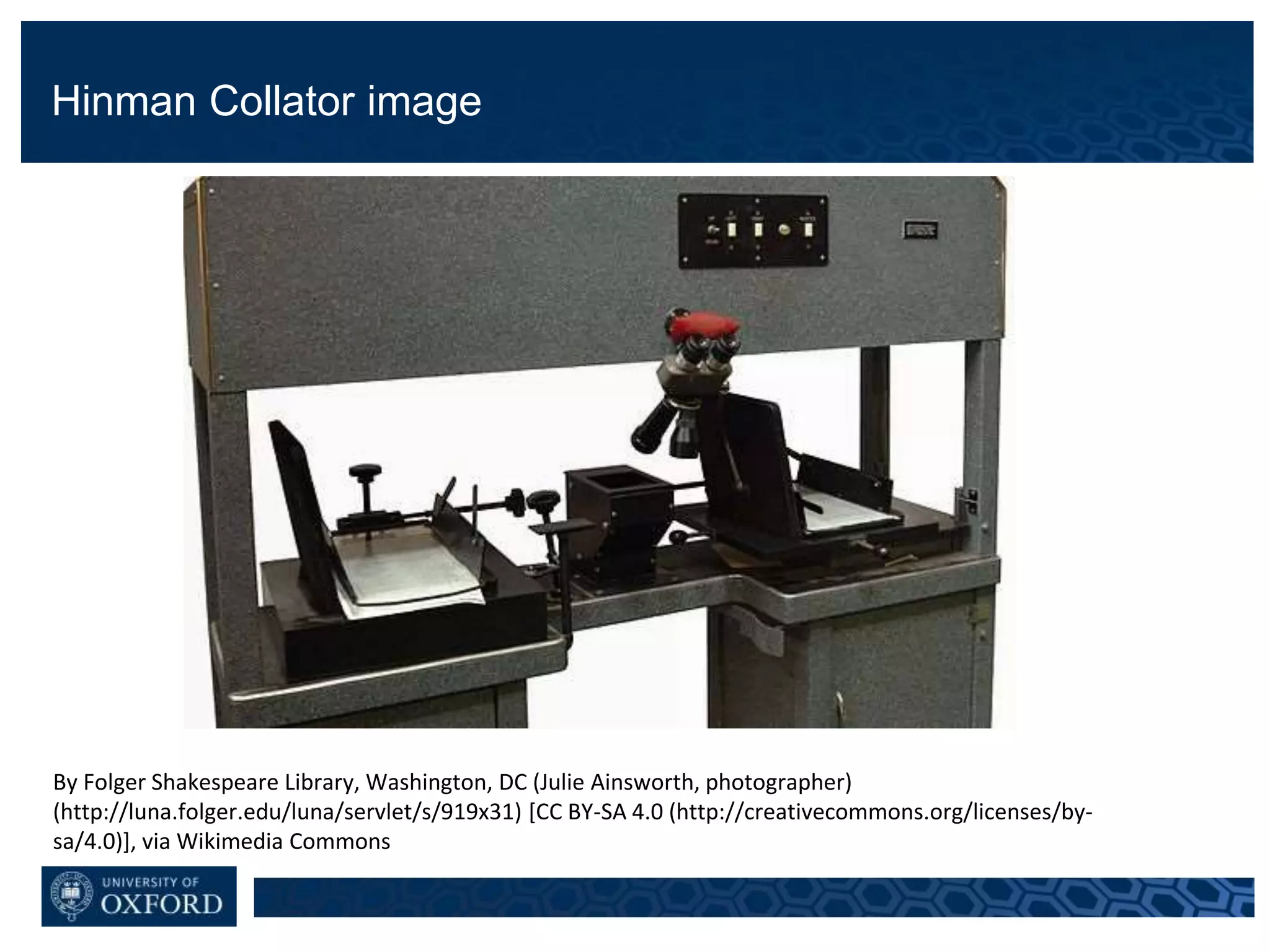 Hinman Collator image
By Folger Shakespeare Library, Washington, DC (Julie Ainsworth, photographer)
(http://luna.folger.edu/luna/servlet/s/919x31) [CC BY-SA 4.0 (http://creativecommons.org/licenses/by-
sa/4.0)], via Wikimedia Commons
 