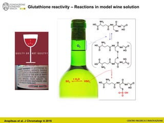 OH NH
NH
O
NH2
O
SH
O
O
OH
OH NH
NH
O
NH2
O
S
O
O
OH
SO OH
O
SO2
+ H2O
HSO3
-
OH NH
NH
O
NH2
O
S
O
O
OH
OH NH
NH
O
NH2
O
S
O
O
OH
O2
Glutathione reactivity – Reactions in model wine solution
Arapitsas et al. J Chromatogr A 2016
 