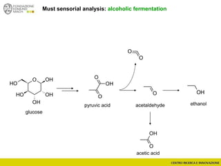 Must sensorial analysis: alcoholic fermentation
OH
O
O
O OH
OH
OH
OH
OH
O
O
OH
O
glucose
pyruvic acid acetaldehyde ethanol
O
OH
acetic acid
 