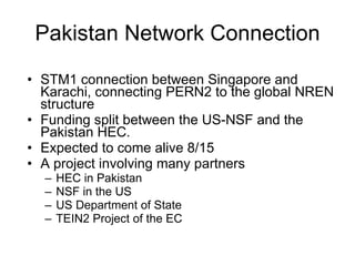 Pakistan Network Connection STM1 connection between Singapore and Karachi, connecting PERN2 to the global NREN structure Funding split between the US-NSF and the Pakistan HEC. Expected to come alive 8/15 A project involving many partners HEC in Pakistan NSF in the US US Department of State TEIN2 Project of the EC 