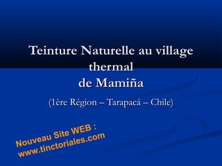 Teinture Naturelle au villageTeinture Naturelle au village
thermalthermal
de Mamiñade Mamiña
(1ère Région – Tarapacá – Chile)(1ère Région – Tarapacá – Chile)
Nouveau Site WEB :
www.tinctoriales.com
 