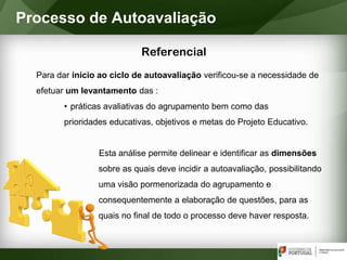 Referencial
Processo de Autoavaliação
Para dar início ao ciclo de autoavaliação verificou-se a necessidade de
efetuar um levantamento das :
• práticas avaliativas do agrupamento bem como das
prioridades educativas, objetivos e metas do Projeto Educativo.
Esta análise permite delinear e identificar as dimensões
sobre as quais deve incidir a autoavaliação, possibilitando
uma visão pormenorizada do agrupamento e
consequentemente a elaboração de questões, para as
quais no final de todo o processo deve haver resposta.
 