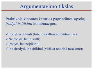 Argumentavimo tikslas Praktikoje žinomos keturios pagrindinės sąvokų  įrodyti ir įtikinti  kombinacijos: Įrodyti ir įtikinti (tobulos kalbos apibūdinimas). Neįrodyti, bet įtikinti; Įrodyti, bet neįtikinti; Ir neįrodyti, ir neįtikinti (visiška retorinė nesekmė);  