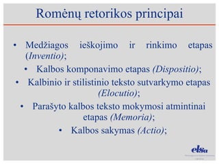 Romėnų retorikos principai Medžiagos ieškojimo ir rinkimo etapas ( Inventio) ; Kalbos komponavimo etapas  (Dispositio) ; Kalbinio ir stilistinio teksto sutvarkymo etapas  (Elocutio) ; Parašyto kalbos teksto mokymosi atmintinai etapas  (Memoria) ; Kalbos sakymas  (Actio) ; 