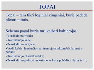 TOPAI Topai – tam tikri loginiai žingsniai, kurie padeda plėtoti mintis.  Schema pagal kurią turi kalbėti kaltintojas: Nusikaltimo įvykis; Kaltinamojo kaltė; Nusikaltimo motyvai; Aplinkybės, lemiančios kaltinamojo atsakomybės laipsnį ir pobūdį; Kaltinamojo charakteristika; Nusikaltimo padaryto nuostolio ar žalos pobūdis ir dydis ir t.t.; 