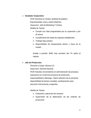 59
 Vendedor Corporativo
Perfil: Estudios en Ventas, facilidad de palabra,
Espontaneidad, sexo y edad indistintos,
Supervisor: Jefe de Marketing Y Ventas.
Detalle de Tareas:
Cumplir con citas programadas por su supervisor y por
él mismo.
Cumplimiento de metas de ingresos establecidos.
Trabajar bajo presión.
Disponibilidad de transportarse dentro y fuera de la
ciudad.
Sueldo a percibir: $240 mas comisión del 1% sobre el
ingreso
 Jefe de Producción.
Personal a Cargo: Obreros (7)
Supervisor: Gerente General.
Perfil: Estudios Universitarios en administración de procesos,
experiencia en control de procesos de producción,
responsabilidad y liderazgo, criterio selectivo de su personal,
disponibilidad de tiempo completo, predisposición para
escuchar instrucciones y seguirlas.
Detalle de Tareas:
Cotización y ejecución de compras
Supervisión de la elaboración de las ordenes de
producción
 