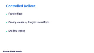 Controlled Rollout
■ Feature ﬂags
■ Canary releases / Progressive rollouts
■ Shadow testing
 