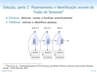 Solu¸˜o, parte 2: Rastreamento e Identiﬁca¸˜o atrav´s da
      ca                                    ca       e
                                      3
                     Fus˜o de Sensores
                         a
      • Cˆmeras: detectar, contar e localizar anonimamente
         a
      • Telefones: rastrear e identiﬁcar pessoas

                                                  coverage gap
                                                                      wireless
                                                                    access point


                           existing
                           cameras




                                                                  mobile phones

     3
       Teixeira et al. “Tasking Networked CCTV Cameras and Mobile Phones to Identify and Localize Multiple
  People”, ACM UbiComp 2010
Thiago Teixeira                                                                                       10 / 29
 
