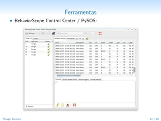 Resultados
      • Exemplo de simula¸˜o, com 3 pessoas em uma ´rea de 10m × 10m:
                         ca                        a
                                                                                                                                             stopping
                                                                stopping                                                                     resolved

                                 50                proximity                                                  50                 ambiguities
                                                  ambiguities                                                                     resolved
                                 40                                                                           40
                      time (s)




                                                                                                   time (s)
                                 30                                                                           30

                                 20                                                                           20
                                                                                                                     initially
                                 10                                                          10               10    incorrect                               10
                                                                                                                      output
                                                                                                                    resolved
                                                                           5                                                                            5
                                  0      2                                                                     0      2
                                               4     6                                                                      4     6
                                                          8        0                                                                   8        0
                                      simulation area in meters 10                                                 simulation area in meters 10


                                                                                                                                         Identification Accuracy
      • Multiple-Object Tracking
                                                                                              1
         Accuracy (MOTA):
                                                                           accuracy (MOTA)



                                                                                             0.9
              •   Simula¸˜es (2–10
                        co
                                                                                             0.8
                  pessoas)                                                                                                                 simulation of ideal sensors (mean)
                                                                                             0.7
              •   Experimentos (2–4                                                                                                        simulation of non-ideal sensors (mean)
                                                                                             0.6                                           simulation of motion camera (mean)
                  pessoas, 4 cameras)                                                                                                      experiment with motion camera (mean)
                                                                                             0.5
                                                                                                   0                    2            4            6            8     10        12
                                                                                                                                         mean track length (s)

Thiago Teixeira                                                                                                                                                               13 / 29
 
