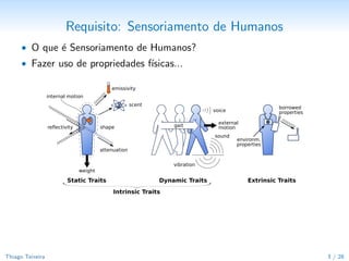 ´
                                     Indice


  Essa palestra se divide em duas partes:

      • Uma Rede de Sensores Sem-Fio para Ambientes Inteligentes
          • Desaﬁos que envolvem o uso de sensores em ambientes reais



      • A Internet das Coisas (Internet of Things, ou IoT)
          • Quais s˜o os novos desaﬁos da IoT?
                   a
          • Esbo¸o de uma solu¸˜o: um Middleware para a IoT
                 c             ca




Thiago Teixeira                                                         3 / 29
 
