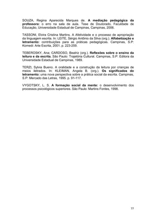 77
SOUZA, Regina Aparecida Marques de. A mediação pedagógica da
professora: o erro na sala de aula. Tese de Doutorado, Faculdade de
Educação, Universidade Estadual de Campinas, Campinas, 2006.
TASSONI, Elvira Cristina Martins. A Afetividade e o processo de apropriação
da linguagem escrita. In: LEITE, Sérgio Antônio da Silva (org.). Alfabetização e
letramento: contribuições para as práticas pedagógicas. Campinas, S.P:
Komedi: Arte Escrita, 2001. p. 223-259.
TEBEROSKY, Ana; CARDOSO, Beatriz (org.). Reflexões sobre o ensino da
leitura e da escrita. São Paulo: Trajetória Cultural. Campinas, S.P: Editora da
Universidade Estadual de Campinas, 1989.
TERZI, Sylvia Bueno. A oralidade e a construção da leitura por crianças de
meios iletrados. In: KLEIMAN, Angela B. (org.). Os significados do
letramento: uma nova perspectiva sobre a prática social da escrita. Campinas,
S.P: Mercado das Letras, 1995. p. 91-117.
VYGOTSKY, L. S. A formação social da mente: o desenvolvimento dos
processos psicológicos superiores. São Paulo: Martins Fontes, 1998.
 