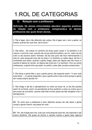 79
1.ROL DE CATEGORIAS
1) Relação com a professora
Definição: Os alunos entrevistados abordam aspectos positivos
da relação com a professora, comparando-a às demais
professoras das quais foram alunos.
I: “Ela é legal, não é tão diferente das outras. Ela é legal, ela ri com a gente, se
diverte; quando tem que ficar, ela é brava.”
I: “Ela deixa... ela coloca no cantinho da lousa quem quiser ir no banheiro é só
colocar o nome lá e sair; quando ela vê que está brincadeira, sai um, volta e já sai
outro aí ela escreve assim: fechado; ela faz isso para não ficar interrompendo a
aula né, para perguntar para ela se pode ir no banheiro ou beber água; ela faz o
combinado que assim, quando a gente chega, pode sair depois das oito horas e,
quando é depois do recreio, só depois das onze pra ir no banheiro. Com as outras
professoras, a gente tinha que pedir, eu prefiro o jeito dela, já estou acostumado. ”
I: “Ela deixa a gente falar o que a gente pensa, ela pergunta assim –“o que você
acha disso” - e a gente responde o que a gente acha e isso é bom porque a gente
tem nossa própria opinião né.”
I: “Ela chega e ela faz o planejamento no canto da lousa né, aí ela fica parada
assim lá na frente, quem vai percebendo já fica quietinho e avisa os outros que é
para parar de conversar, quando está todo mundo quieto ela fala obrigado e faz o
planejamento. ”
G1: “Eu acho que a professora é bem diferente porque ela não deixa a gente
corrigir a gente mesmo, ela passa em tudo.”
G1: “Ah, ela é legal para nós, tudo que você pergunta para ela, ela responde e ela
ensina direitinho. Ela gosta de brincar e sempre manda a gente fazer alguma
 