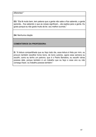 87
diferentes! ”
G3: “Ela lê muito bem, tem palavra que a gente não sabe e fica sabendo, a gente
aprende... fica sabendo o que as coisas significam... ela explica para a gente. Eu
gosto porque eu não gosto muito de ler, sou melhor ouvindo.”
G4: Nenhuma citação
COMENTÁRIOS DA PROFESSORA:
D: “A leitura compartilhada que eu faço todo dia, essa leitura é feita por mim, eu
procuro também escolher livros bons, de bons autores, agora essa semana eu
escolhi, como eu tenho um patrono, que é o Pedro Bandeira, eu escolhi várias
poesias dele, porque também é um trabalho que eu faço e esse ano eu não
consegui fazer, eu trabalho poesias também.”
 