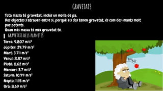 Terra: 9,807 m/s²
Júpiter: 24,79 m/s²
Mart: 3,711 m/s²
Venus: 8,87 m/s²
Plutó: 0,62 m/s²
Mercuri: 3,7 m/s²
Saturn: 10,44 m/s²
Neptú: 11,15 m/s²
Urá: 8,69 m/s²
GRAVETATS
Tota massa té gravetat, inclòs un molla de pa.
Dos objectes s’atrauen entre si, perquè els dos tenen gravetat, és com dos imants molt
poc potents.
Quan més massa té més gravetat té.
gravetats dels planetes
 
