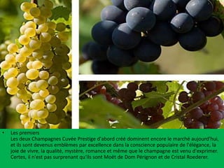 •

Les premiers
Les deux Champagnes Cuvée Prestige d'abord créé dominent encore le marché aujourd'hui,
et ils sont devenus emblèmes par excellence dans la conscience populaire de l'élégance, la
joie de vivre, la qualité, mystère, romance et même que le champagne est venu d'exprimer.
Certes, il n'est pas surprenant qu'ils sont Moët de Dom Pérignon et de Cristal Roederer.

 