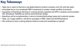Tejas Networks Limited 2022. All rights reserved.
• Tejas has a vision to become a top global telecom product company over the next few years
• Immediate focus is to accelerate R&D investments to create a larger portfolio of products
• Acquisition of Saankhya will bring in a strong domain expertise and IPR in wireless communication
(5G, Broadcast, Satellite) as well as semiconductor design
• Saankhya will be complementary in terms of product/technology areas and customer access
• Tejas, as a larger platform, will derive synergies in R&D, Sales and SCM/Operations
• We continue to have a strong balance sheet to invest and accelerate our growth
Key Takeaways
 