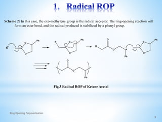 Scheme 2: In this case, the exo-methylene group is the radical acceptor. The ring-opening reaction will
form an ester bond, and the radical produced is stabilized by a phenyl group.
Fig.3 Radical ROP of Ketene Acetal
9
Ring Opening Polymerization
 