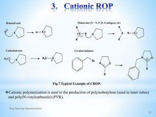 14
Fig.7 Typical Example of CROP.
Ring Opening Polymerization
Cationic polymerization is used in the production of polyisobutylene (used in inner tubes)
and poly(N-vinylcarbazole) (PVK).
 