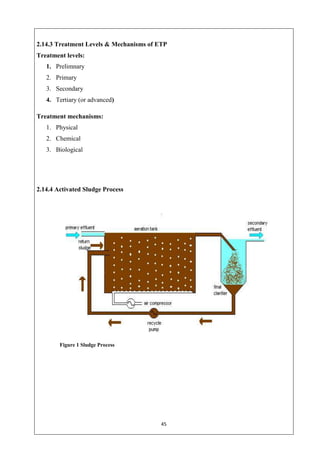 45
2.14.3 Treatment Levels & Mechanisms of ETP
Treatment levels:
1. Prelimnary
2. Primary
3. Secondary
4. Tertiary (or advanced)
Treatment mechanisms:
1. Physical
2. Chemical
3. Biological
2.14.4 Activated Sludge Process
Figure 1 Sludge Process
 