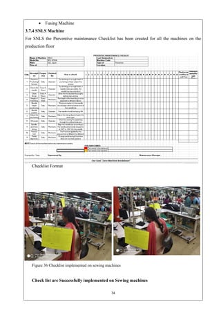 74
 Fusing Machine
3.7.4 SNLS Machine
For SNLS the Preventive maintenance Checklist has been created for all the machines on the
production floor
Checklist Format
Figure 36 Checklist implemented on sewing machines
Check list are Successfully implemented on Sewing machines
 