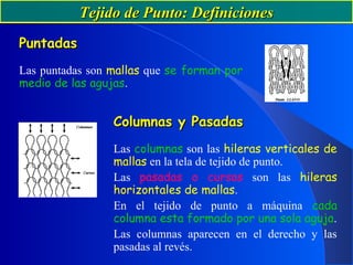 Tejido de Punto: DefinicionesTejido de Punto: Definiciones
PuntadasPuntadas
Las puntadas son mallas que se forman por
medio de las agujas.
Columnas y PasadasColumnas y Pasadas
Las columnas son las hileras verticales de
mallas en la tela de tejido de punto.
Las pasadas o cursas son las hileras
horizontales de mallas.
En el tejido de punto a máquina cada
columna esta formado por una sola aguja.
Las columnas aparecen en el derecho y las
pasadas al revés.
 