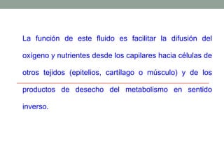 La función de este fluido es facilitar la difusión del

oxígeno y nutrientes desde los capilares hacia células de

otros tejidos (epitelios, cartílago o músculo) y de los

productos de desecho del metabolismo en sentido

inverso.
 