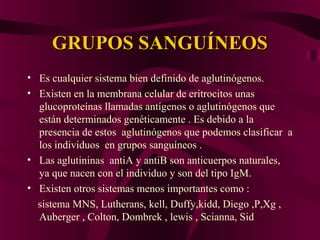 GRUPOS SANGUÍNEOSGRUPOS SANGUÍNEOS
• Es cualquier sistema bien definido de aglutinógenos.
• Existen en la membrana celular de eritrocitos unas
glucoproteínas llamadas antígenos o aglutinógenos que
están determinados genéticamente . Es debido a la
presencia de estos aglutinógenos que podemos clasificar a
los individuos en grupos sanguíneos .
• Las aglutininas antiA y antiB son anticuerpos naturales,
ya que nacen con el individuo y son del tipo IgM.
• Existen otros sistemas menos importantes como :
sistema MNS, Lutherans, kell, Duffy,kidd, Diego ,P,Xg ,
Auberger , Colton, Dombrek , lewis , Scianna, Sid
 
